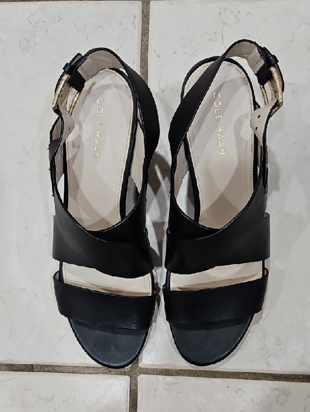 Cole Haan Black Leather Strappy Platform Sandals with Gold Buckles - Picture 2 of 10